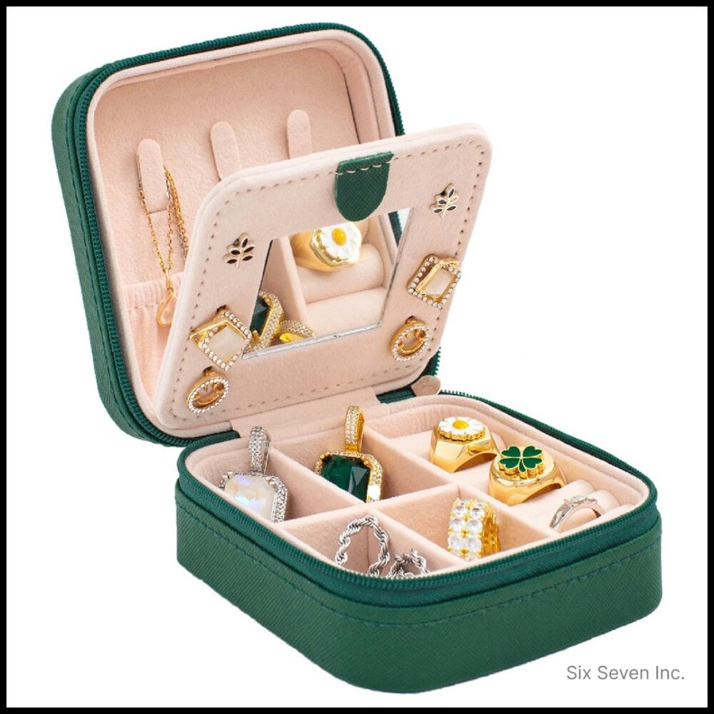 Travel Jewelry Organizer Box with Mirror Compact Portable Velvet Interior